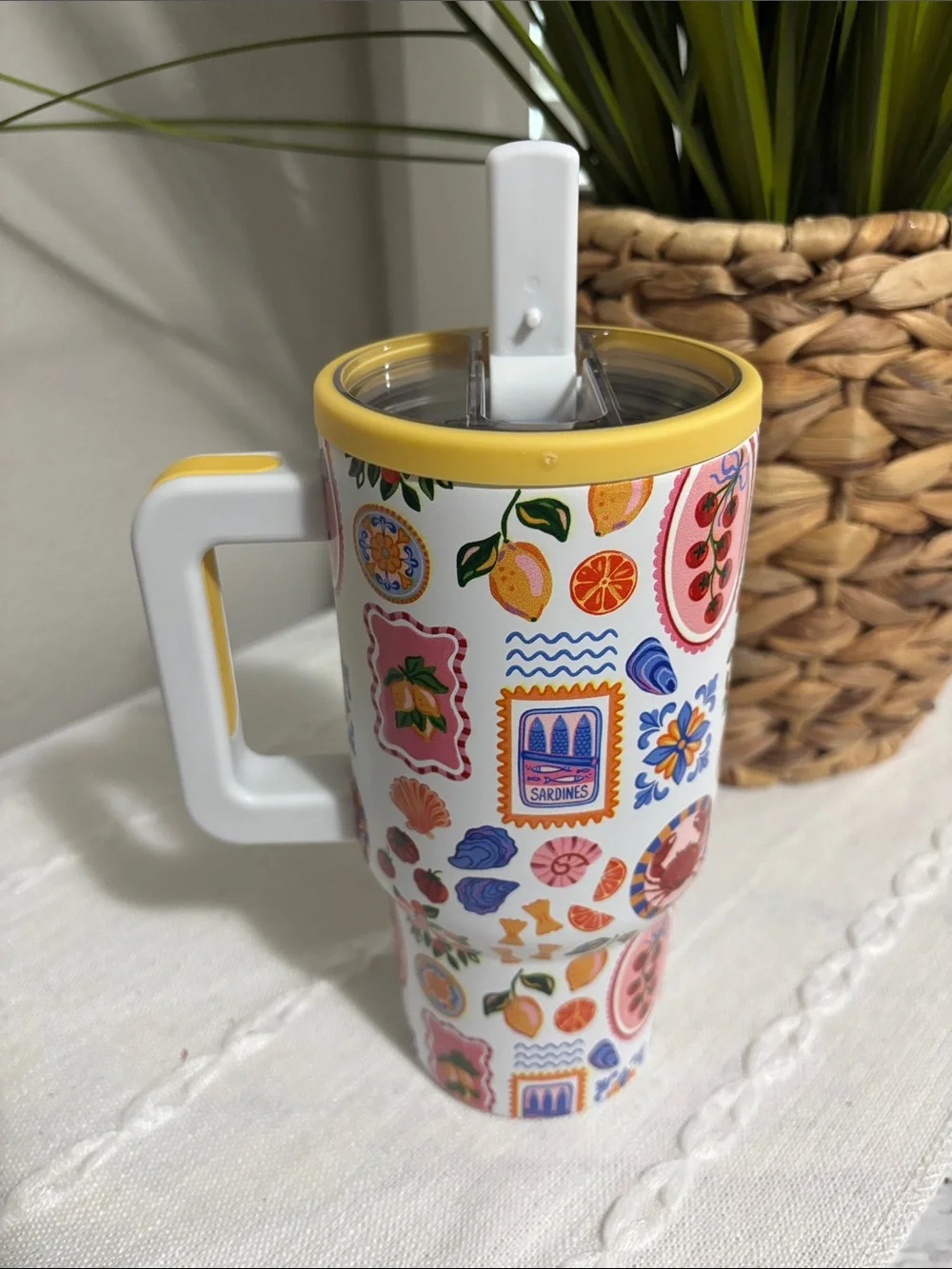 Colorful Fruit & Floral Insulated Travel Mug with Yellow Lid